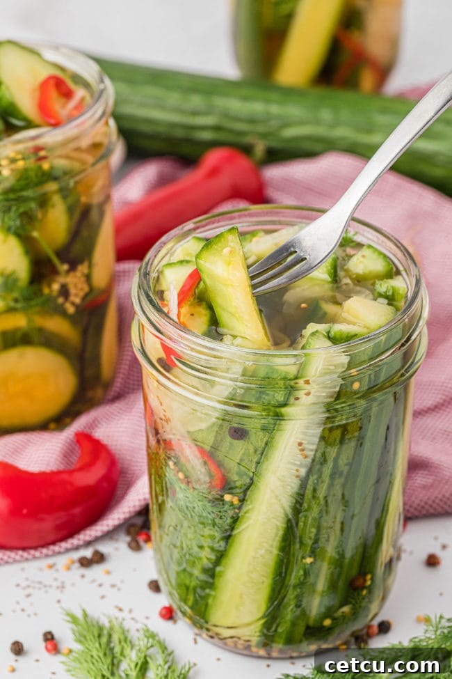 A fork lifts a perfectly pickled cucumber spear from a jar of homemade refrigerator pickles, showcasing its vibrant color and crisp texture.