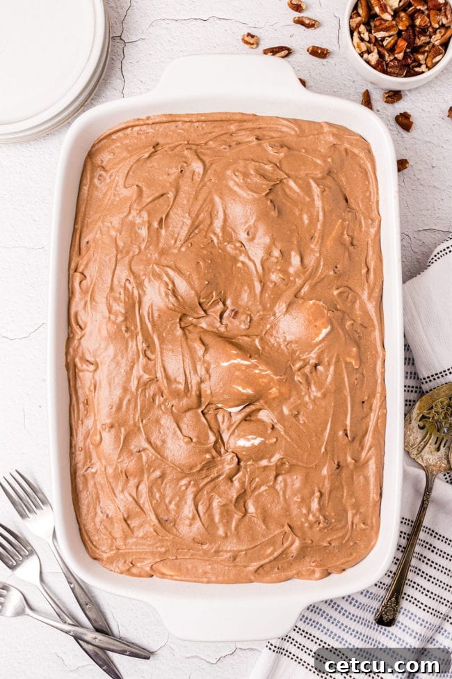 A freshly baked Mississippi Mud Cake in a white baking dish, garnished with forks and a cake server, ready to be enjoyed.