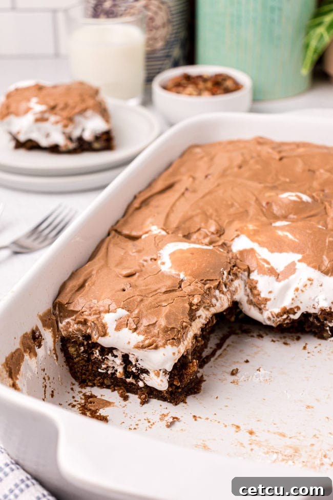 A large rectangular Mississippi Mud Cake, with several slices already removed, sitting in a white baking dish.