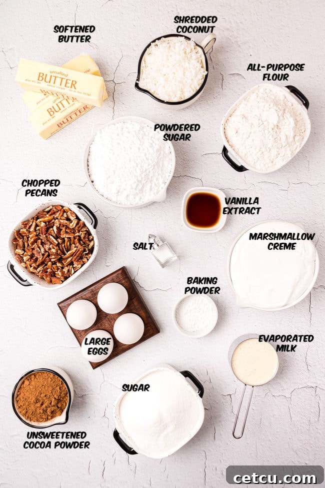 A collection of fresh ingredients for Mississippi Mud Cake laid out neatly on a kitchen counter, ready for baking.
