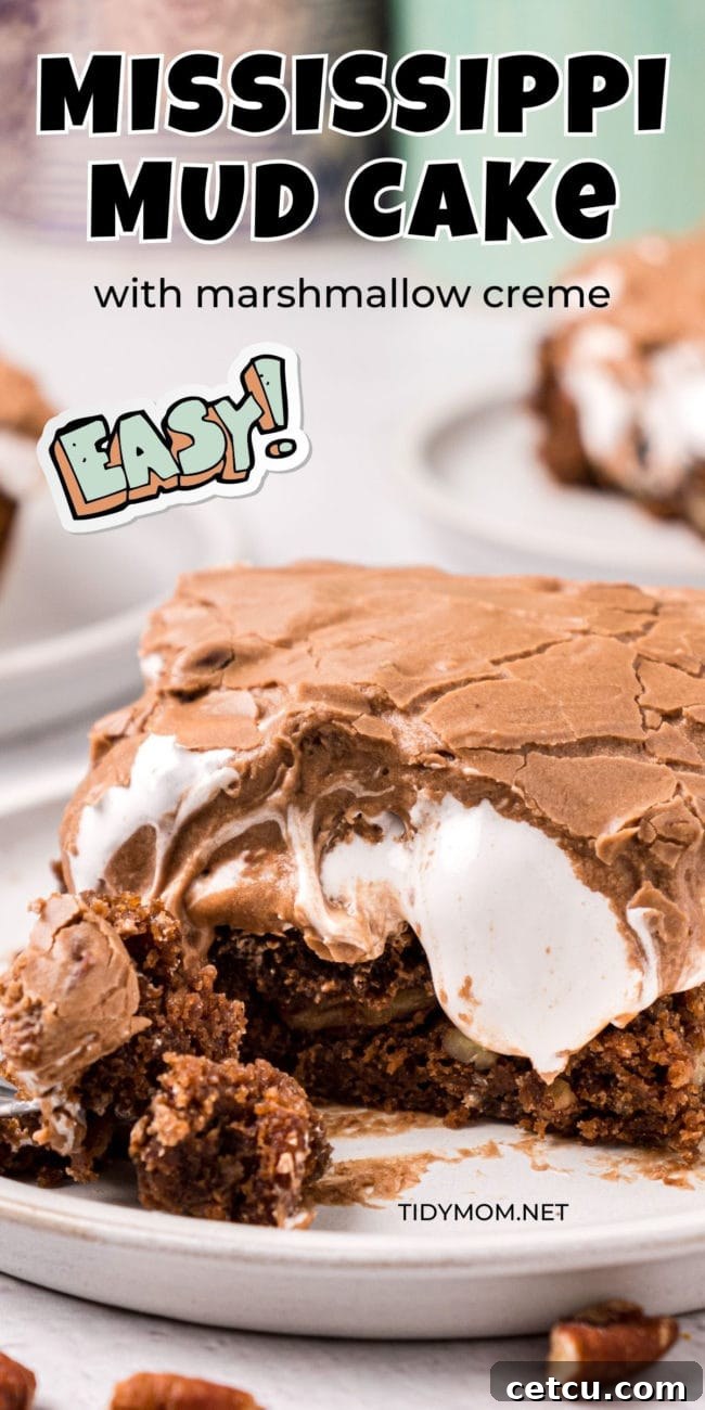 A close-up shot of a single serving of Mississippi Mud Cake, showing the rich chocolate cake, gooey marshmallow, and thick frosting layers, with marshmallow creme oozing delicately.