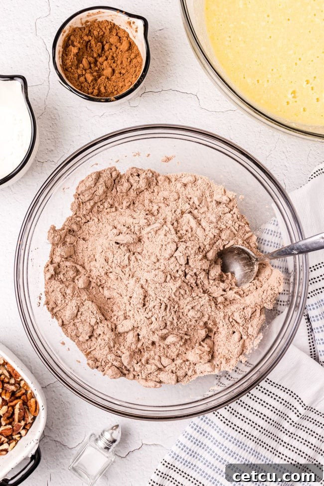 Step 3: Combining dry ingredients like flour and cocoa powder in a separate bowl.