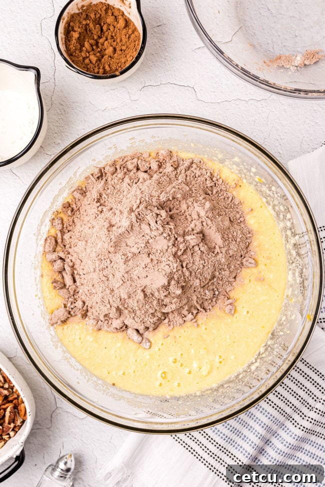 Step 4: Gently mixing wet and dry ingredients together to form the mud cake batter.