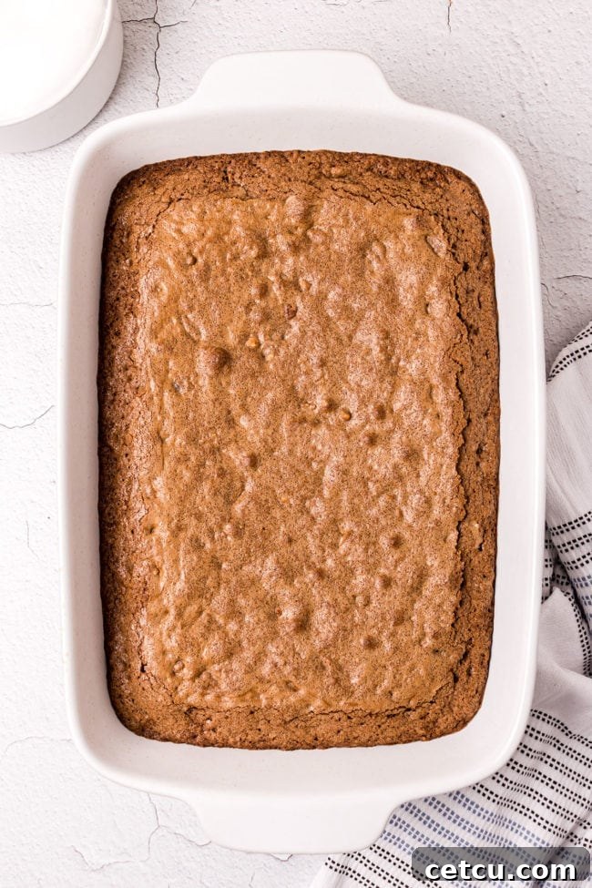 Step 7: Applying marshmallow creme to the warm Mississippi Mud Cake, allowing it to soften before spreading.