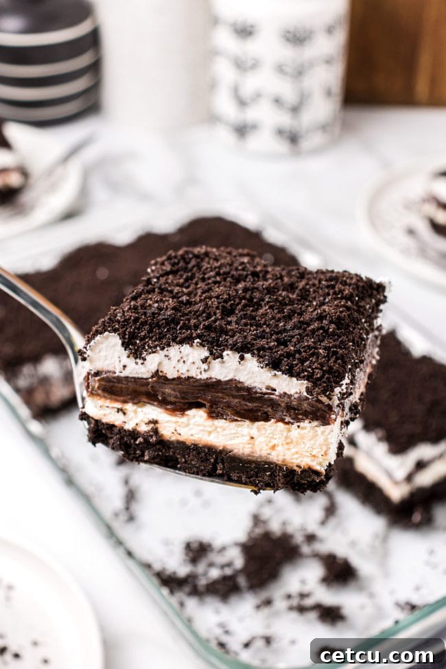 A single, perfectly cut slice of No-Bake Oreo Delight resting on a spatula, ready to be served.