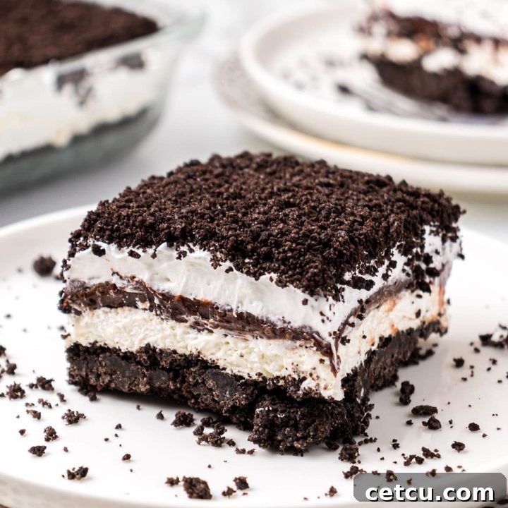 No-Bake Chocolate Lasagna with an Oreo cookie crust on a white plate, ready to be served