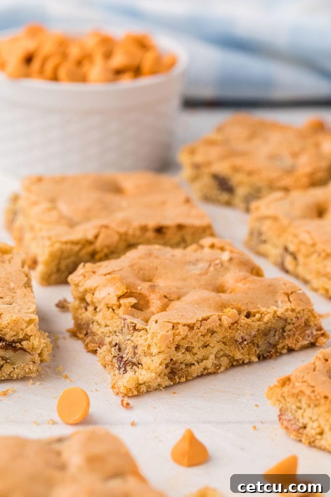 A close-up shot of golden blonde brownies with melting butterscotch chips, arranged artfully on a counter, ready to be picked up.