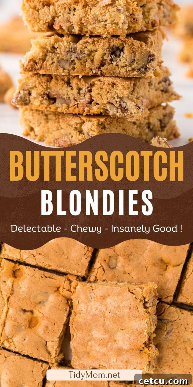 A vibrant photo collage featuring various mouth-watering shots of butterscotch blondies, highlighting their golden color, chewy texture, and delicious appeal.