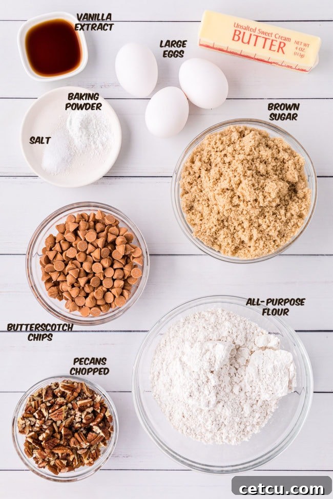 A vibrant flat lay of all the essential ingredients needed to make delicious butterscotch blondies, neatly arranged on a countertop.