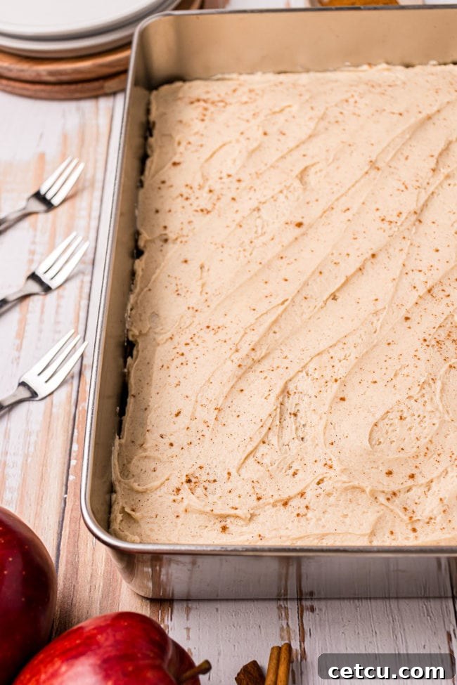 frosted cake in a metal pan dusted with ground cinnamon