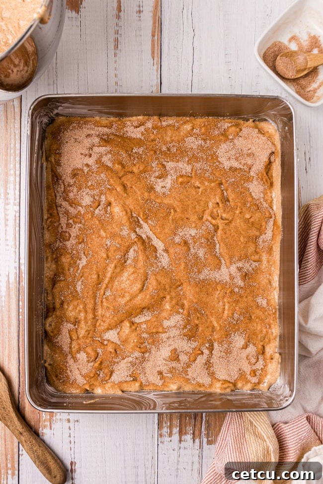 cinnamon and sugar sprinkled over cake batter in a pan