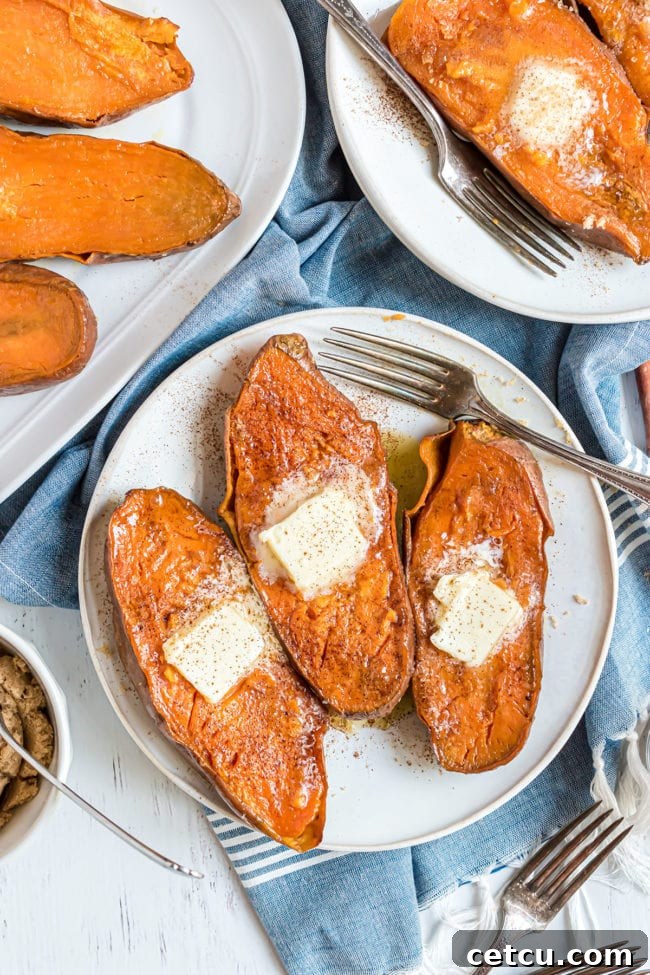 the best quick sweet potatoes with a pat of butter and sprinkle of cinnamon