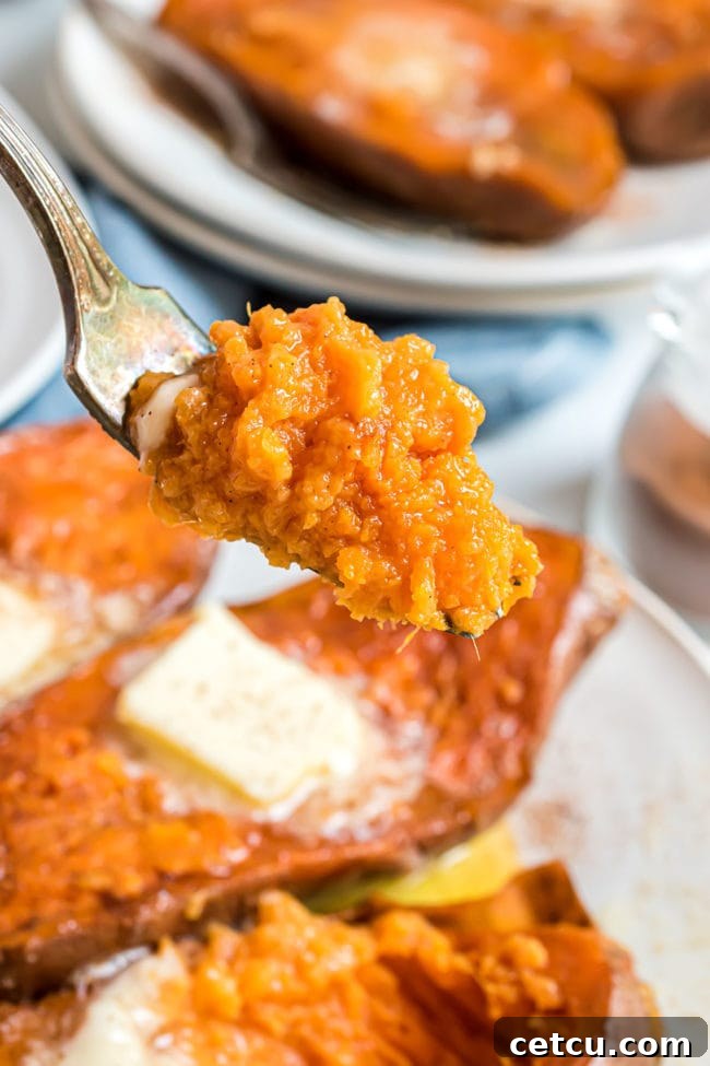 baked sweet potato on a fork