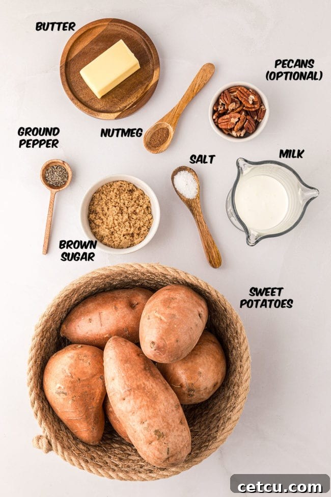 ingredients for mashed sweet potatoes on a counter