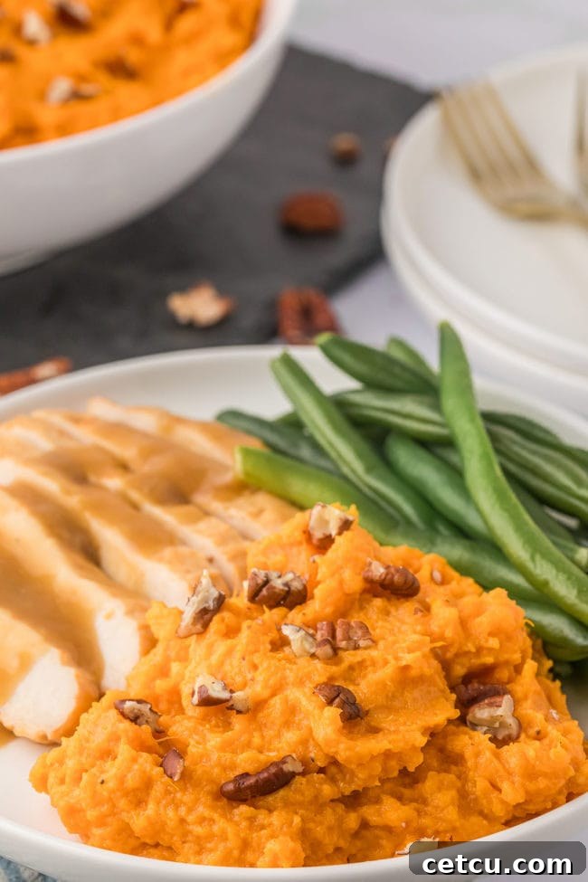 plated mashed sweet potatoes with green beans and turkey and gravy