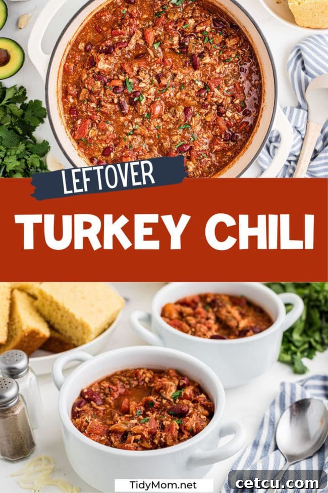 A photo collage showcasing turkey chili served in individual bowls, garnished, and also in a large white Dutch oven.
