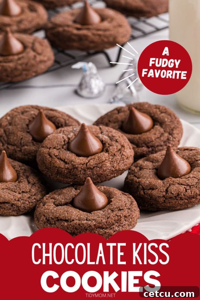 A stunning close-up of Double Chocolate Kiss Cookies, highlighting their rich chocolate color and the soft, inviting texture of the Hershey's Kisses.