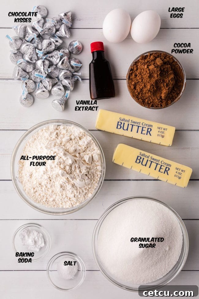 A selection of fresh ingredients including flour, cocoa powder, butter, and Hershey's Kisses laid out on a counter, ready for baking chocolate kiss cookies.