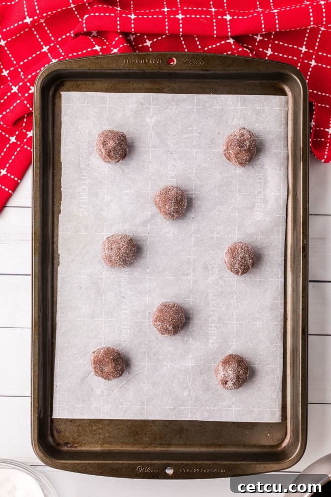Unbaked chocolate kiss cookies, rolled in sugar, neatly arranged on a parchment-lined baking sheet, ready for the oven.