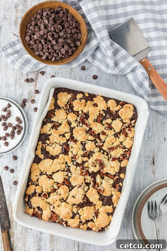 Baked fudge nut cookie bars in a white baking dish, fresh out of the oven