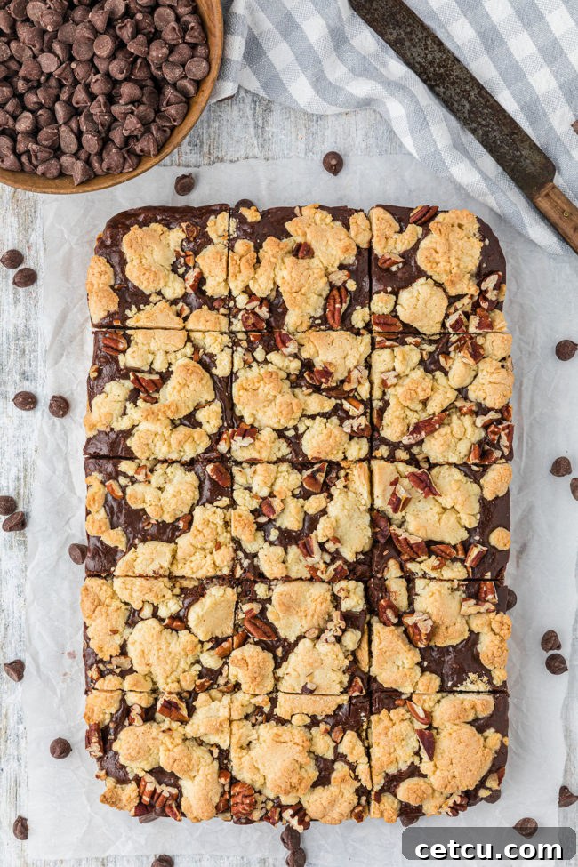 Perfectly cut fudge nut cookie bars ready to be served