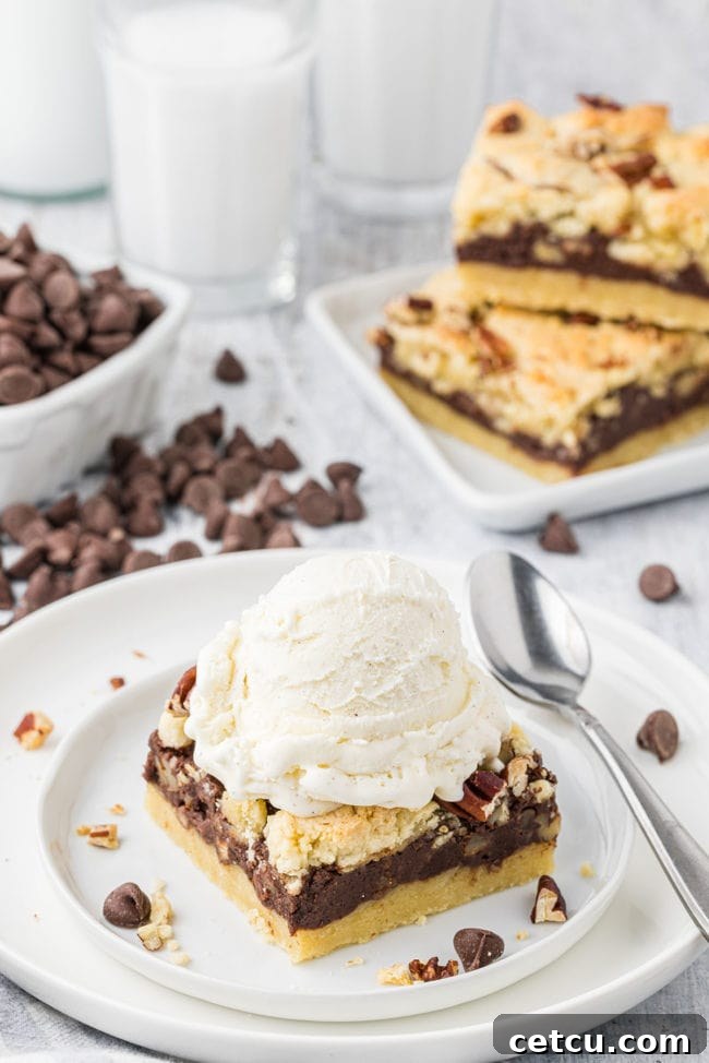Fudge nut cookie bar served with a scoop of vanilla ice cream