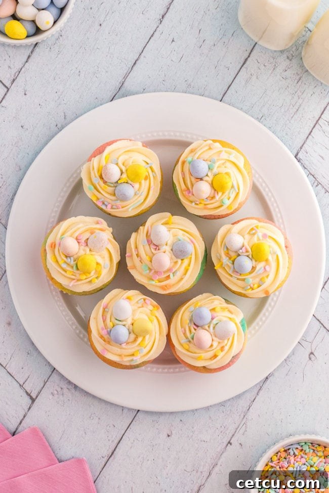 A beautifully decorated Spring cupcake adorned with pastel sprinkles and mini chocolate eggs, showcasing the finished Easter dessert.