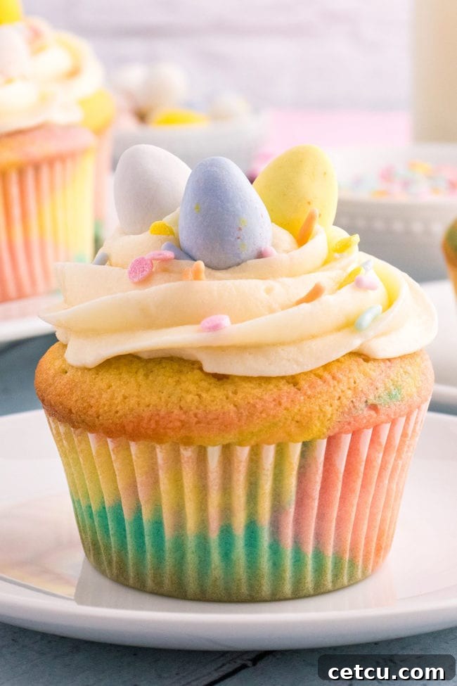 A single beautifully decorated Spring cupcake with pastel swirls, sprinkles, and a mini chocolate egg, sitting on a white plate.