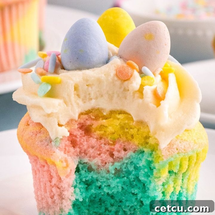 A bite missing from a marble cupcake with Spring colors