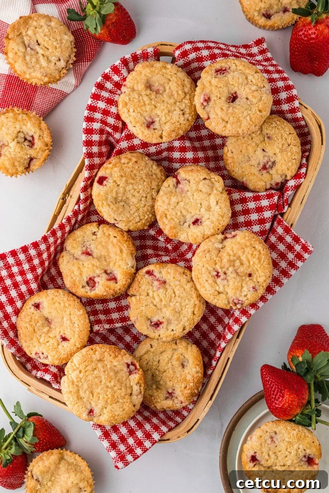 strawberry muffins with a red checked napkin in a basket