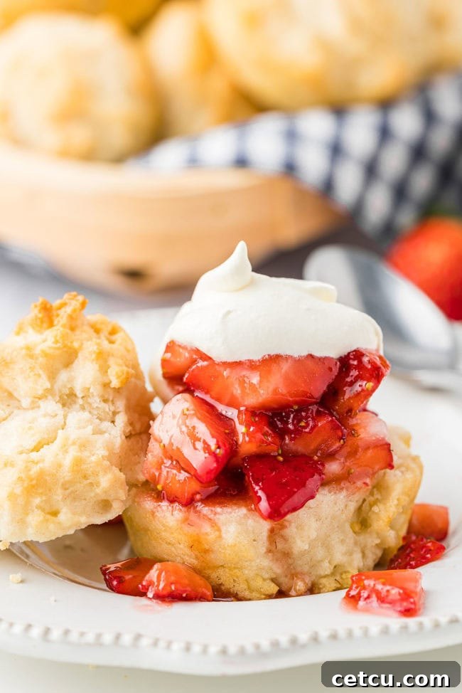 A trio of mayonnaise biscuits elegantly arranged with fresh strawberries and a dollop of whipped cream, creating a delightful strawberry shortcake dessert.
