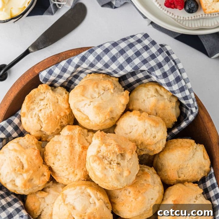 A bowl filled with freshly baked mayonnaise biscuits, accompanied by a charming blue and white checkered napkin, ready to be served and enjoyed.