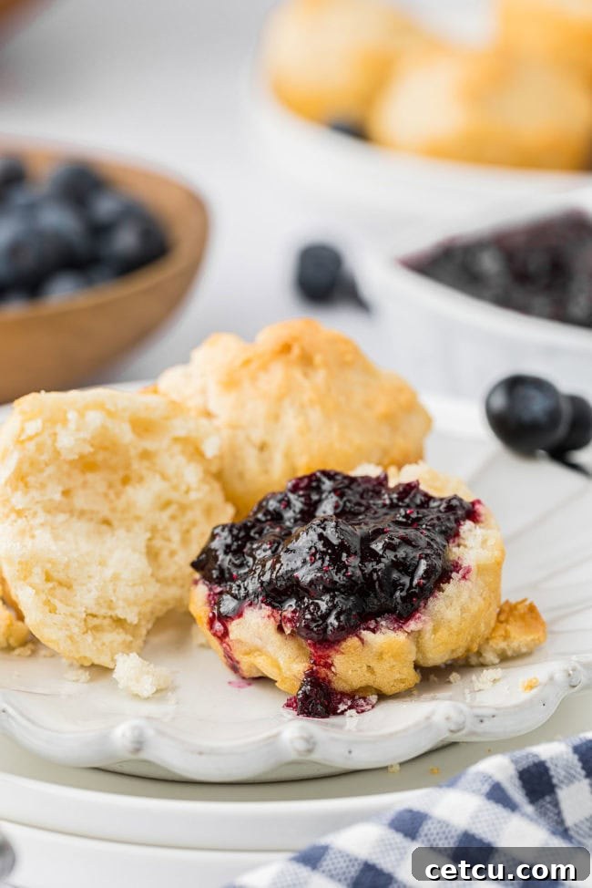 Two golden mayonnaise biscuits artfully plated with a dollop of vibrant blueberry jam, showcasing a delicious serving suggestion.