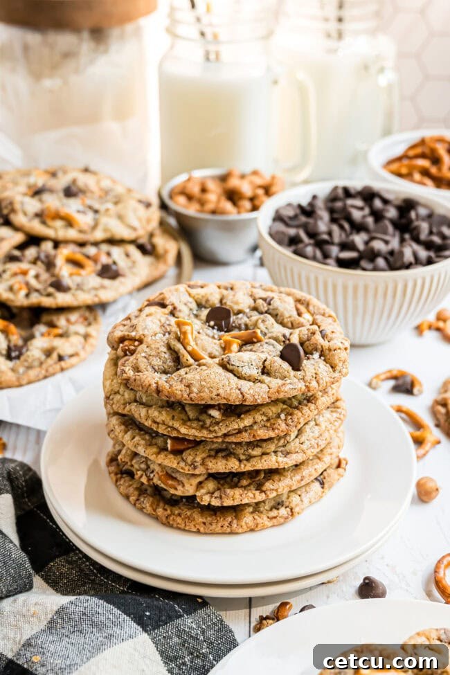 A beautifully arranged stack of freshly baked Kitchen Sink Cookies, highlighting their diverse textures and inviting golden-brown finish.