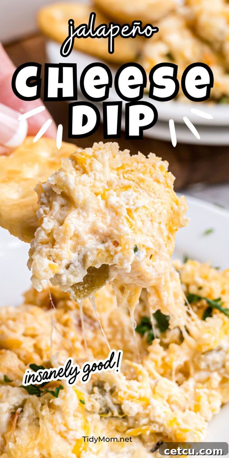 A Pinterest-optimized image showing the baked jalapeño popper dip, with text overlay for easy sharing.