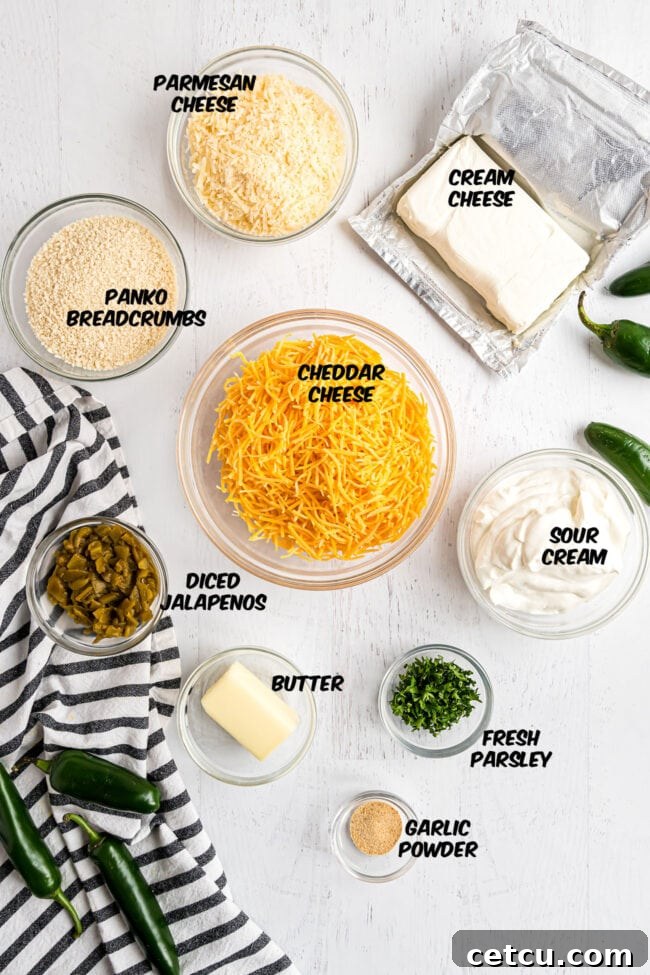 A vibrant display of fresh ingredients for jalapeño popper dip, including cream cheese, sour cream, shredded cheeses, and canned jalapeños, laid out on a kitchen counter.