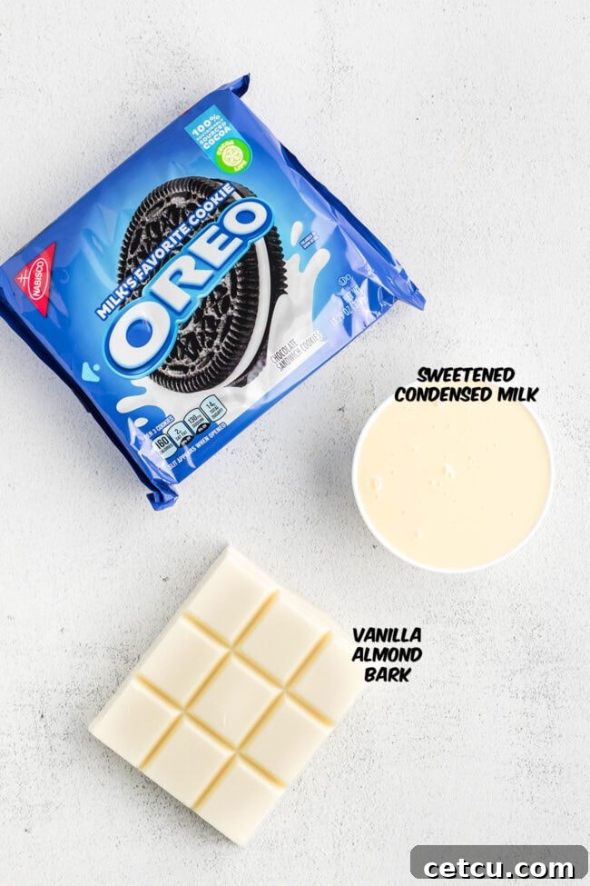 Ingredients for Oreo fudge: a bag of Oreos, a block of vanilla bark, and a can of condensed milk