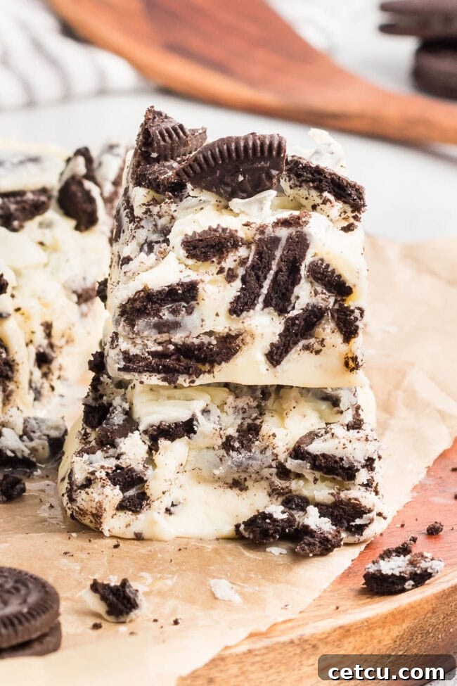 white chocolate Oreo cookie fudge cut into squares