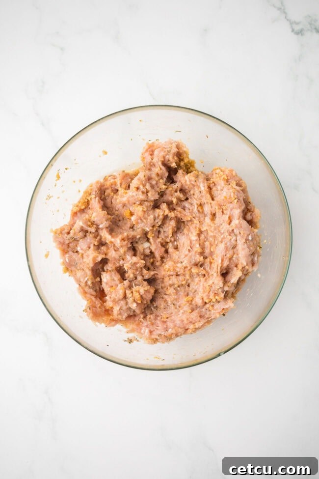 Ground chicken meatball mixture with breadcrumbs, Parmesan, and seasoning before shaping.