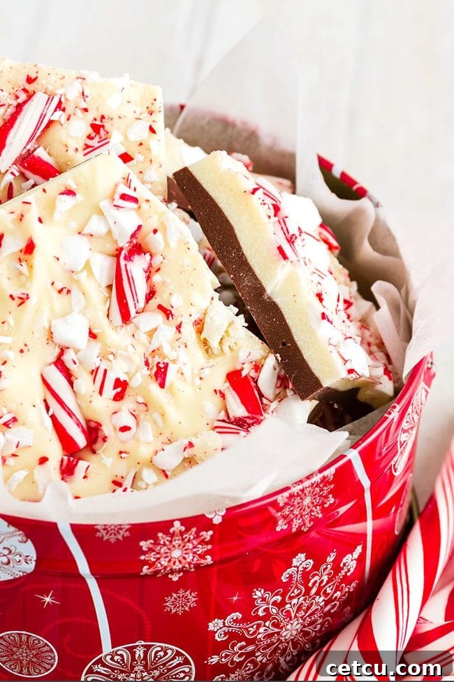 Chocolate Peppermint Bark is an easy delicious no-bake sweet treat that is perfect for gifting. Decadent layers of rich dark and white chocolate with a touch of peppermint and topped with crushed candy canes. Homemade Holiday Chocolate Peppermint Bark in tin