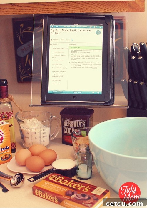 iPad securely mounted in a Kitchen iPad Rack under a cabinet