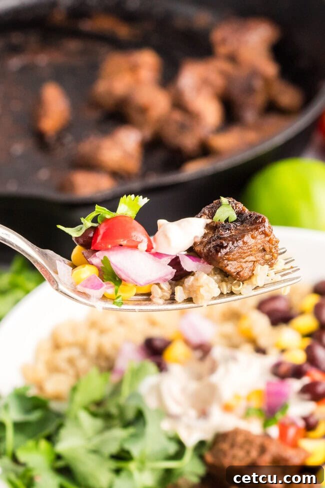 Southwest Steak Bowl Recipe: Creamy Southwest Sauce 12 Spoonful of Southwest steak bowl with seasoned steak, rice, corn salad, and creamy Southwest sauce.