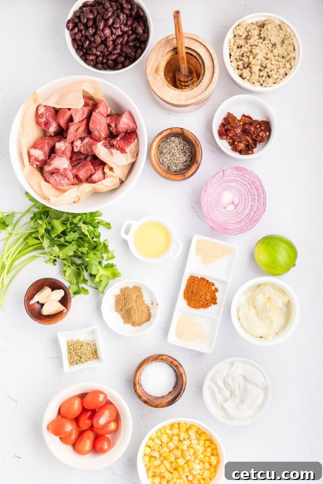 Southwest Steak Bowl Recipe: Creamy Southwest Sauce 3 Ingredients for a Southwest Steak Bowl recipe including sirloin steak, rice, black beans, corn, tomatoes, red onion, cilantro, lime, sour cream, mayonnaise, chipotle peppers in adobo sauce, garlic, honey, avocado oil, and seasonings.