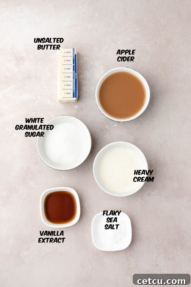 Ingredients for making homemade salted apple cider caramel sauce.