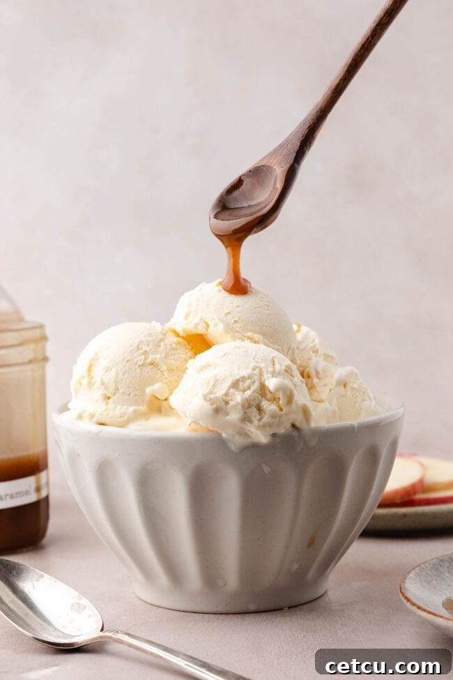 Salted apple cider caramel sauce drizzled over vanilla ice cream.