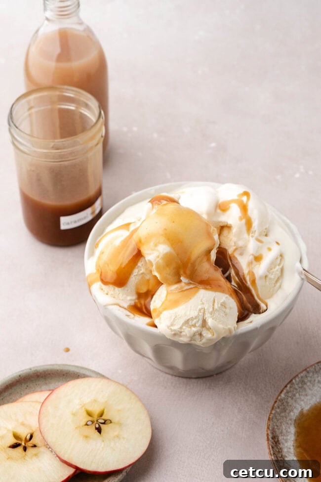 Vanilla ice cream topped with homemade apple cider caramel sauce.