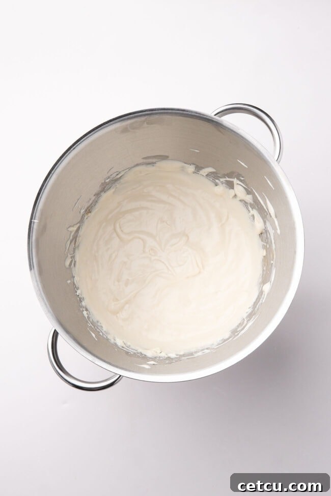 Scoopable Salted Caramel Cheesecake Recipe 5 Creamy no-bake cheesecake filling whipped in a mixing bowl