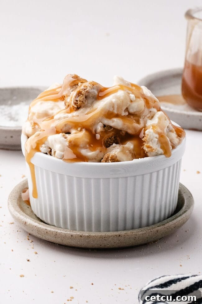Scoopable Salted Caramel Cheesecake Recipe 8 Salted caramel scoopable cheesecake served in a small dessert bowl with caramel drizzle