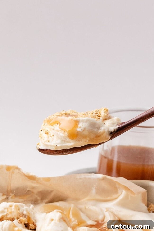 Scoopable Salted Caramel Cheesecake Recipe 9 Spoonful of salted caramel scoopable cheesecake lifted from the baking dish