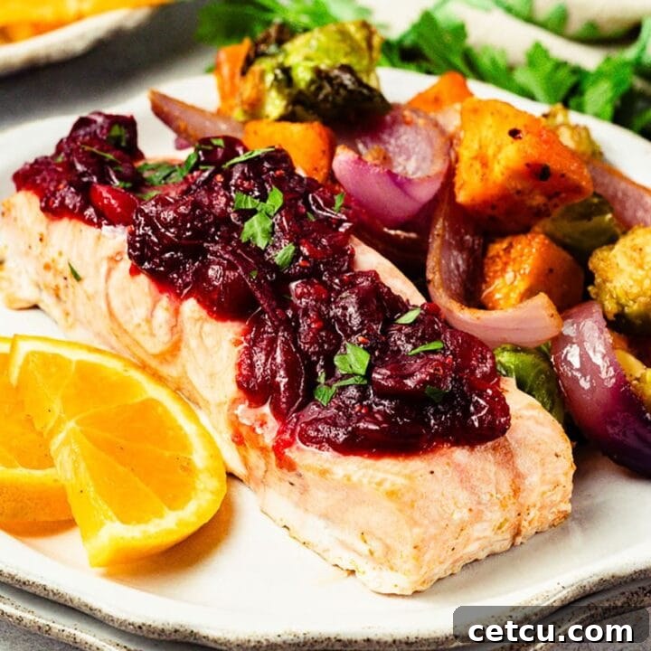 Cranberry Orange Glazed Salmon Recipe with Citrus Sauce 11 Cranberry orange glazed salmon served with colorful roasted vegetables.